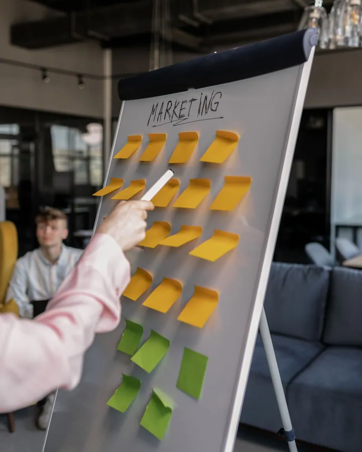 Person pointing to notes on a marketing planning board